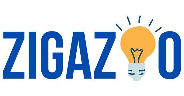 Le logo Zigazoo : Toutes les lettres majuscules en bleu, avec une ampoule après la seconde